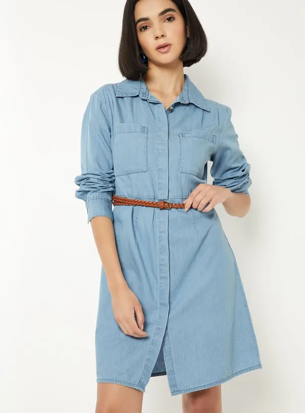 Women Solid Shirt Dress with Belt